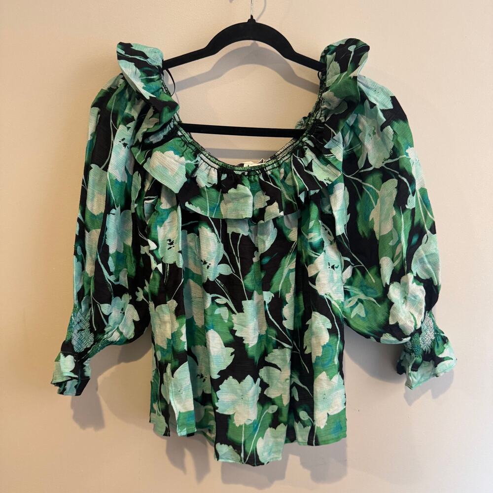 New Christy Lynn Regina Top Off-Shoulder Green Floral Smocked Puff Sleeve Sz Md